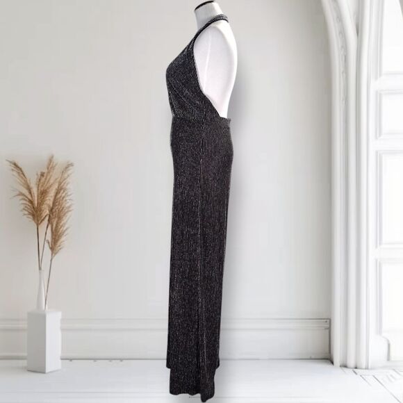 NastyGal Plunge Wide Leg Halter Jumpsuit Size M Stretch Silver Lurex Backless - Picture 6 of 15